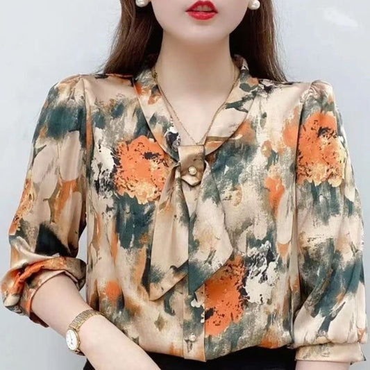 Women's Casual Half Sleeve Bow Tie Collar Printed Chiffon Blouses (2 Colors)