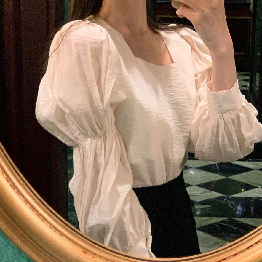 Womens Solid Puff Sleeve Loose Princess Style Square Collar Blouses