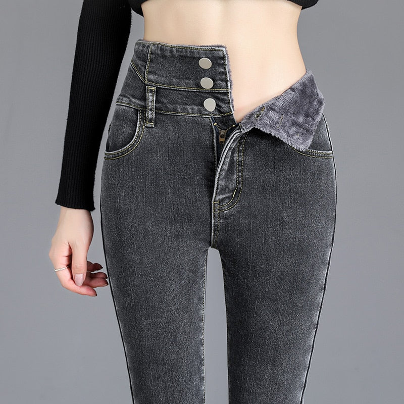 Women's Winter Thick Fleece High-waist Warm Skinny Stretch Jeans (4 Colors)