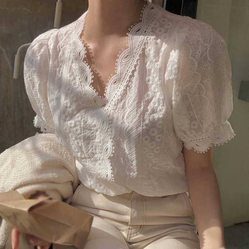 Office Women's Hollow Out White Simple Casual V-Neck Blouses / Tops