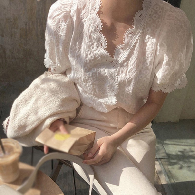 Office Women's Hollow Out White Simple Casual V-Neck Blouses / Tops