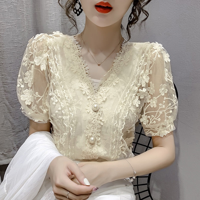 Women's Printed Floral Transparent Pearls V-neck Chiffon Short Sleeve flower Blouse (2 Colors)