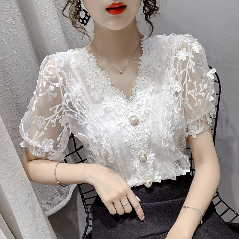 Women's Printed Floral Transparent Pearls V-neck Chiffon Short Sleeve flower Blouse (2 Colors)