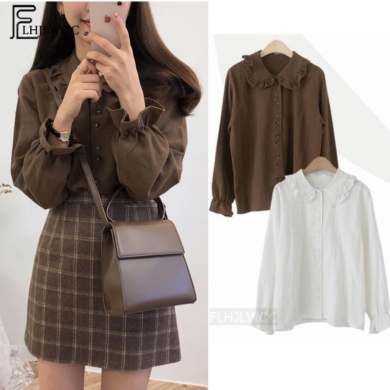 Women's Preppy Style Flare Sleeve Peter Pan Collar Button Shirt (3 Colors)