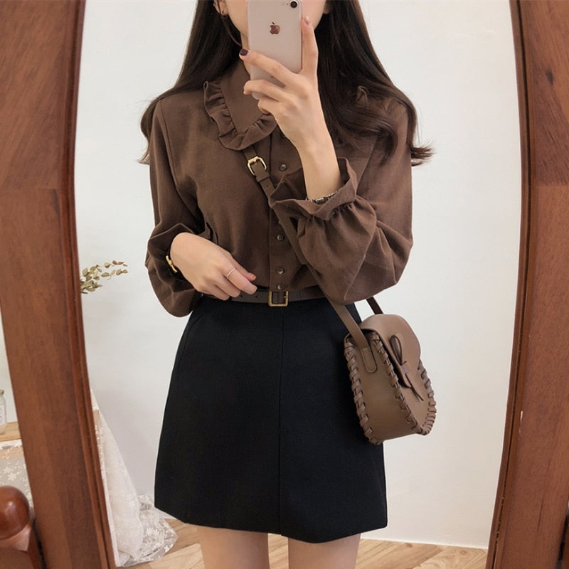 Women's Preppy Style Flare Sleeve Peter Pan Collar Button Shirt (3 Colors)