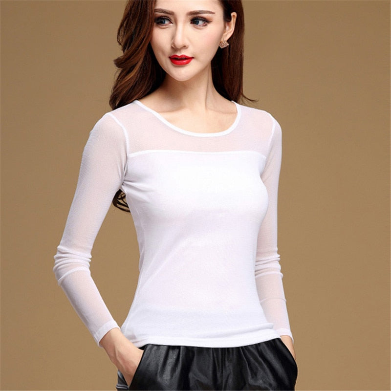 Women's Solid Chiffon Long Sleeve Lace Elastic Tops (13 Options)