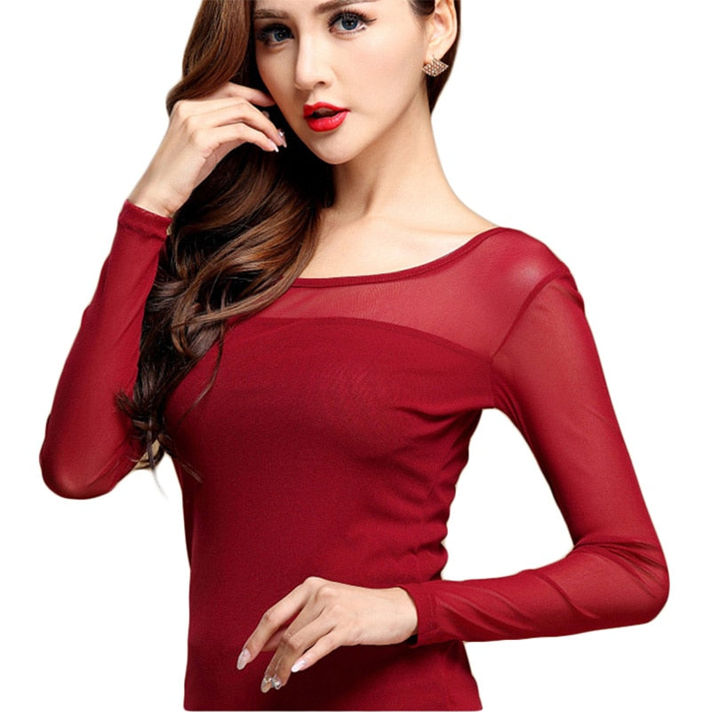 Women's Solid Chiffon Long Sleeve Lace Elastic Tops (13 Options)