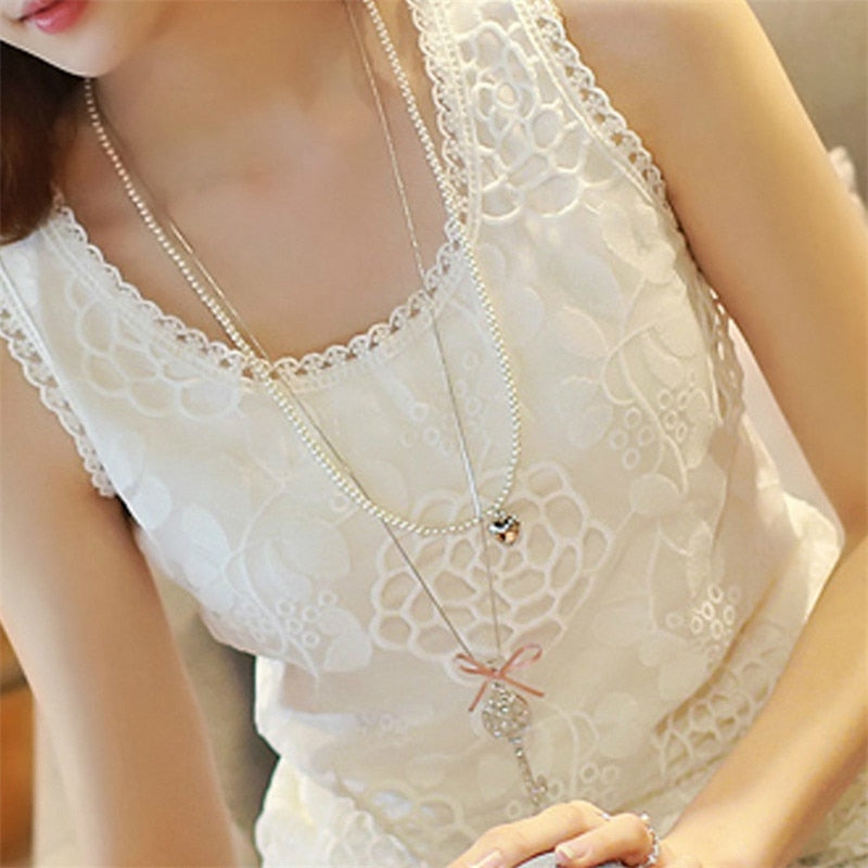 Women's Lace Elegant Sleeveless Blusas Crochet Casual Flower Tops (6 Options)