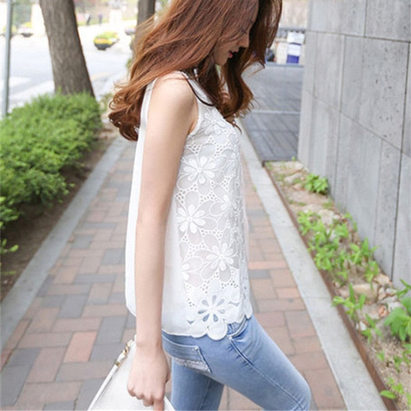 Women's Lace Elegant Sleeveless Blusas Crochet Casual Flower Tops (6 Options)