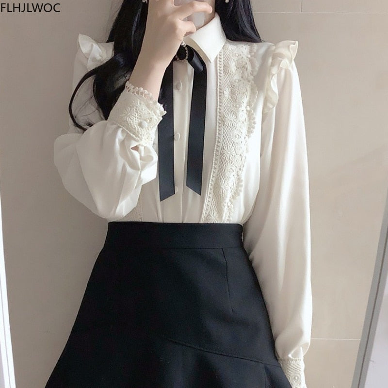 Womens Ruffled Work Wear Single Breasted Button Solid Peter Pan Collar Blouse