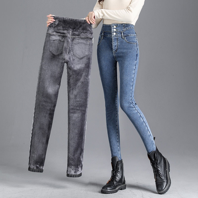 Women's Winter Thick Fleece High-waist Warm Skinny Stretch Jeans (4 Colors)