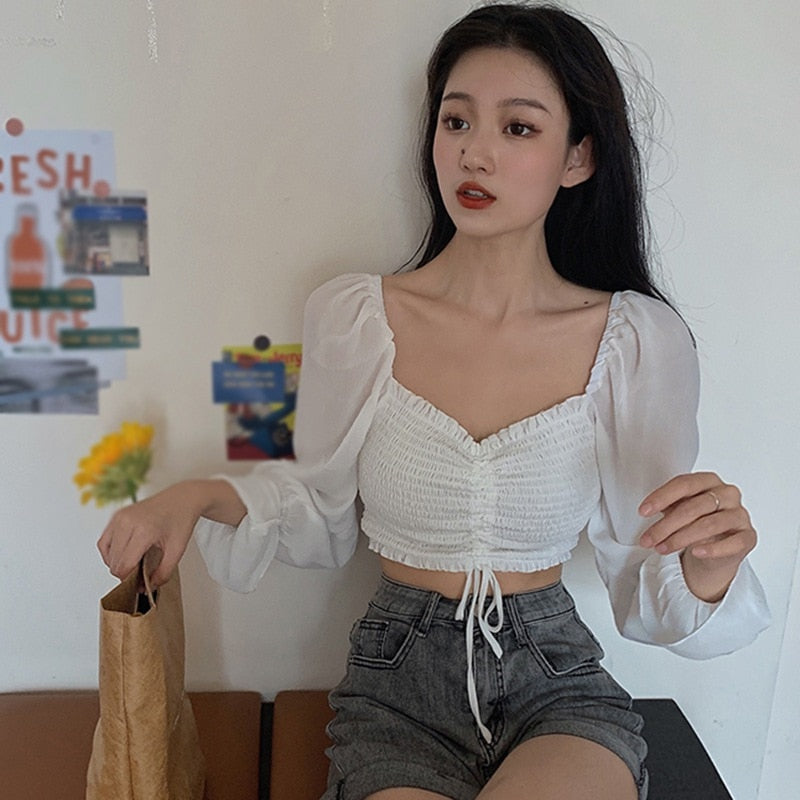 Women's Off-Shoulder Pleated Soild Navel Exposed Chiffon Long Sleeves Blouse (2 Colors)