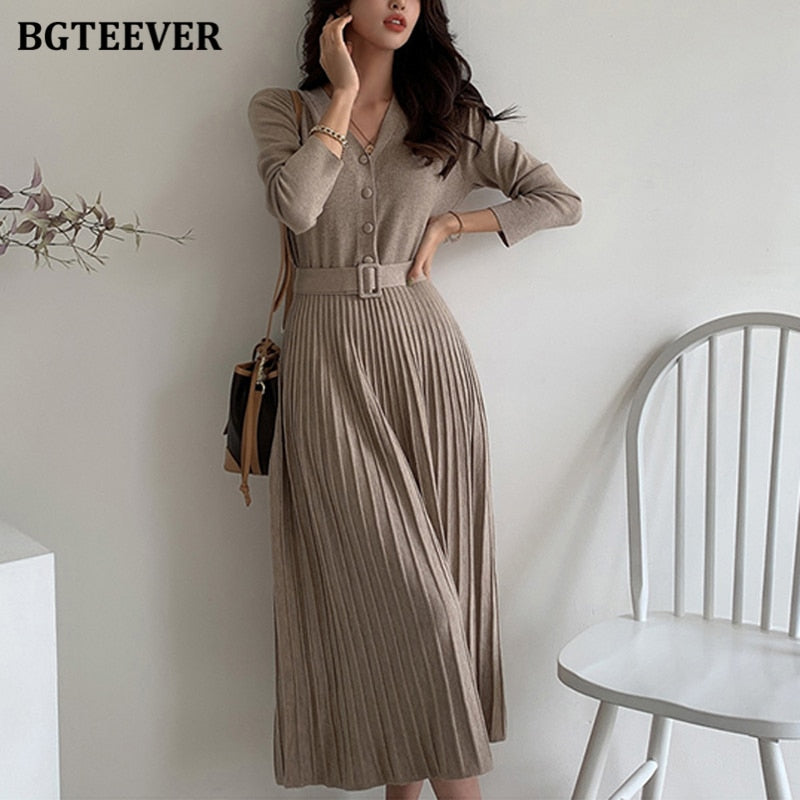 Women's V-neck Single-breasted Knitted Belted Thick Soft Sweater Dress (3 Colors)