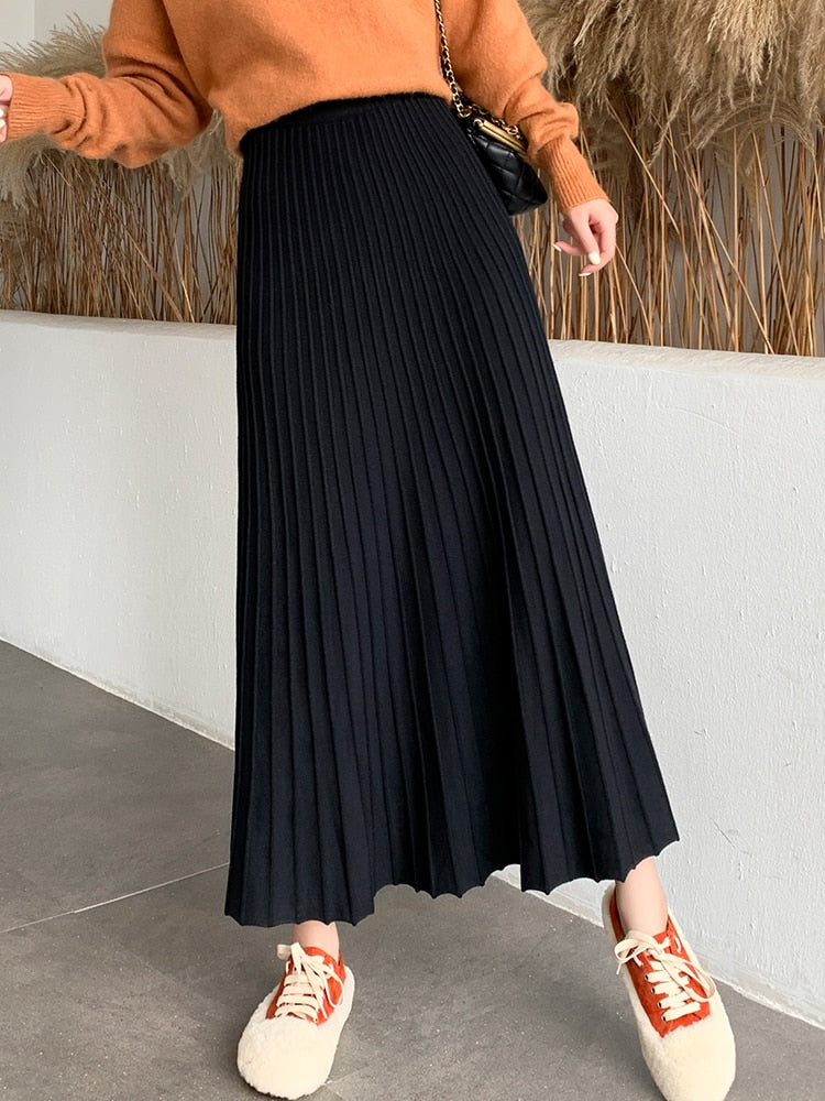 Women's Solid Thick Warm Knitted Long Maxi Ankle Length Skirt - One Size (5 Colors)