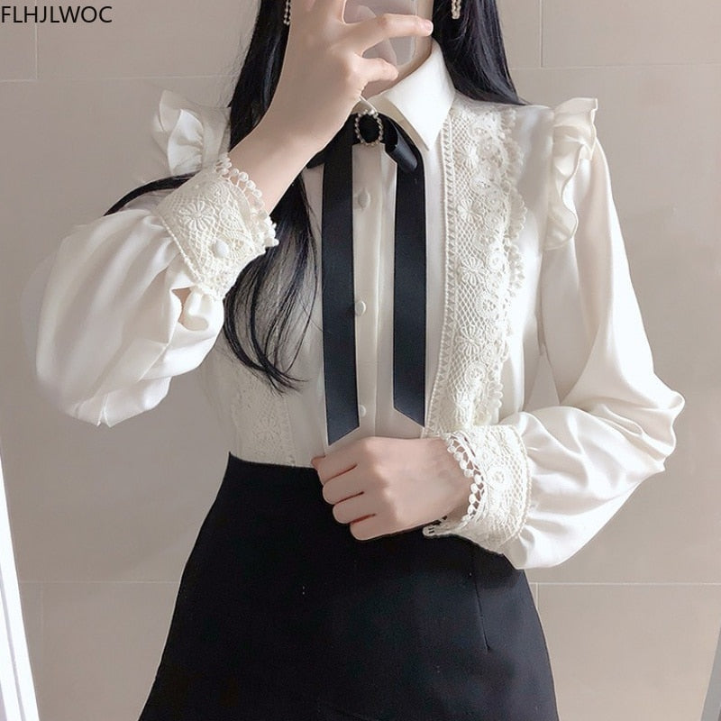 Womens Ruffled Work Wear Single Breasted Button Solid Peter Pan Collar Blouse
