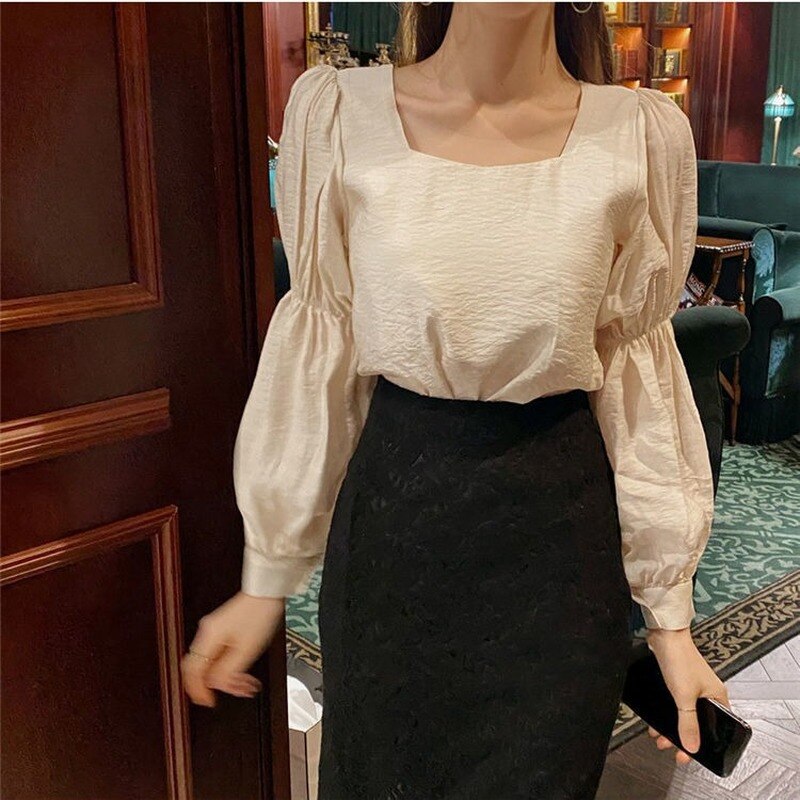 Womens Solid Puff Sleeve Loose Princess Style Square Collar Blouses