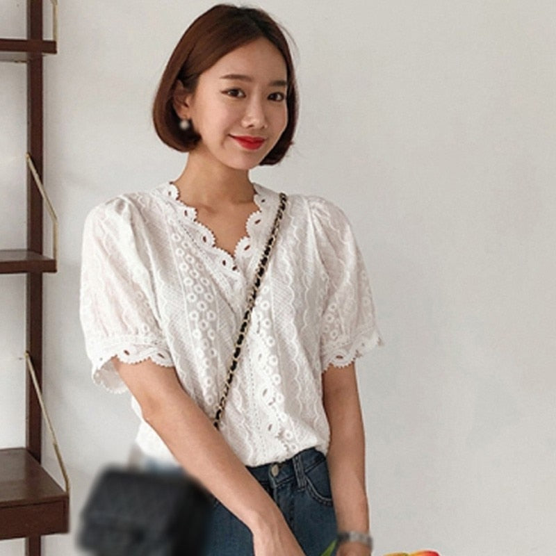 Office Women's Hollow Out White Simple Casual V-Neck Blouses / Tops