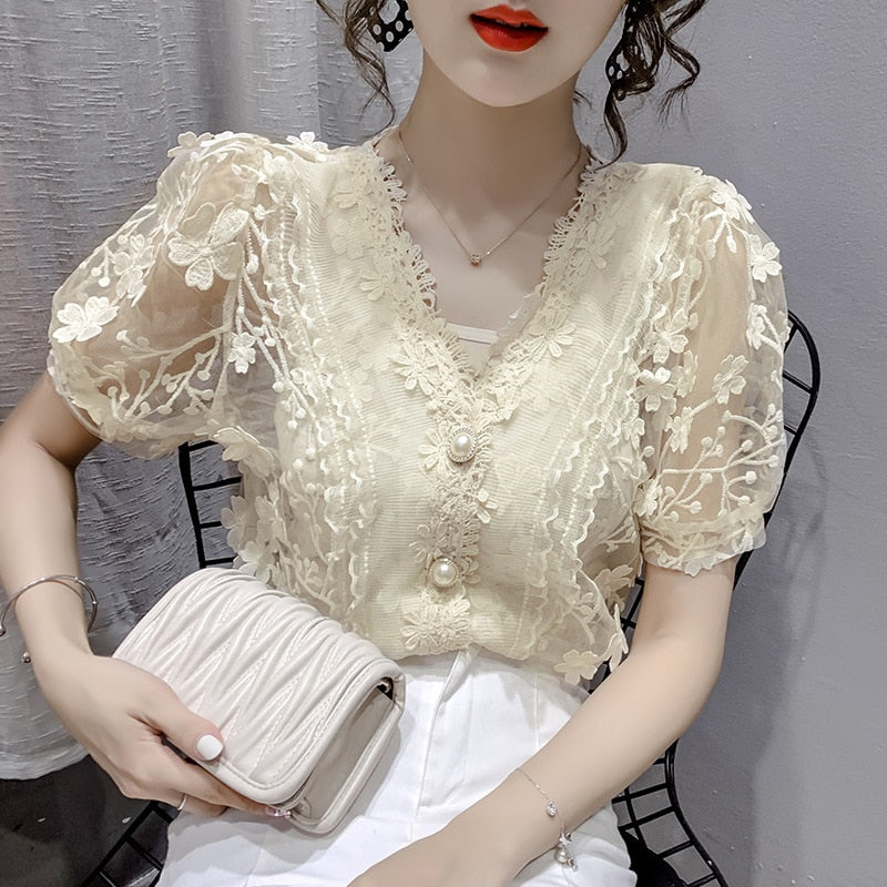 Women's Printed Floral Transparent Pearls V-neck Chiffon Short Sleeve flower Blouse (2 Colors)