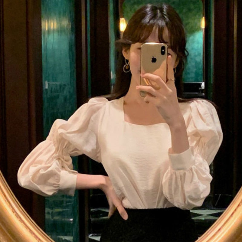 Womens Solid Puff Sleeve Loose Princess Style Square Collar Blouses