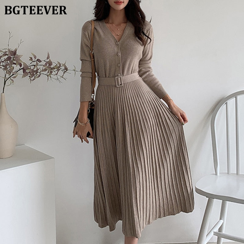 Women's V-neck Single-breasted Knitted Belted Thick Soft Sweater Dress (3 Colors)