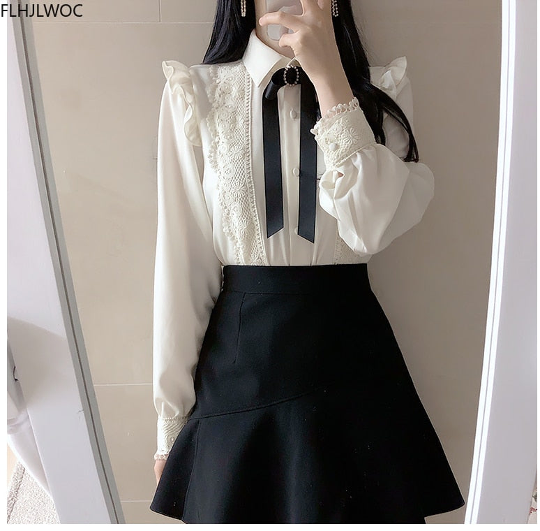 Womens Ruffled Work Wear Single Breasted Button Solid Peter Pan Collar Blouse