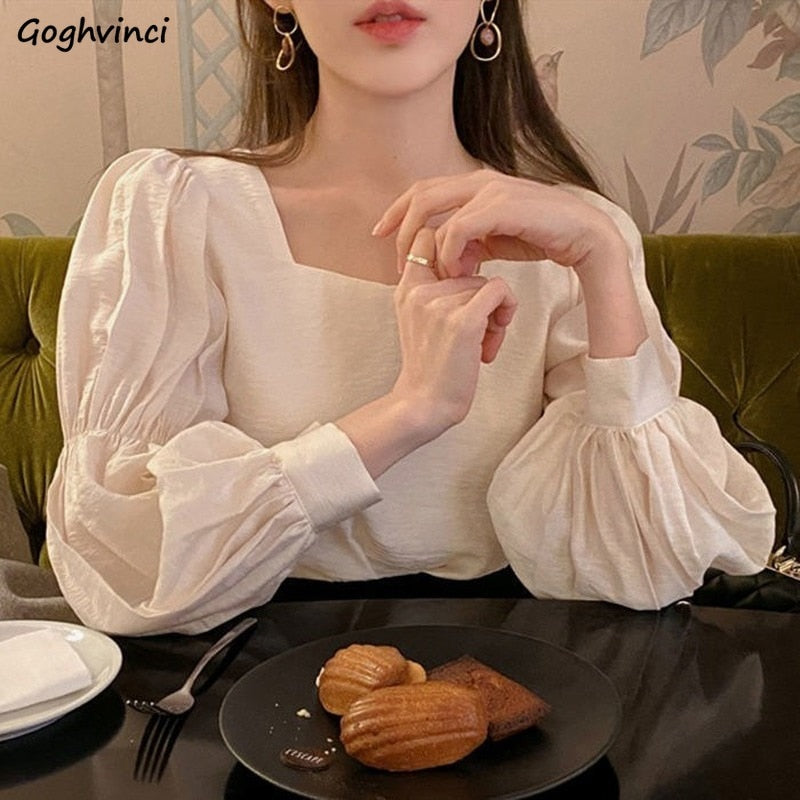 Womens Solid Puff Sleeve Loose Princess Style Square Collar Blouses
