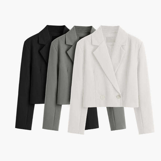 Women's Solid Notched Double Breasted Long Sleeve Short Blazer (3 Colors)