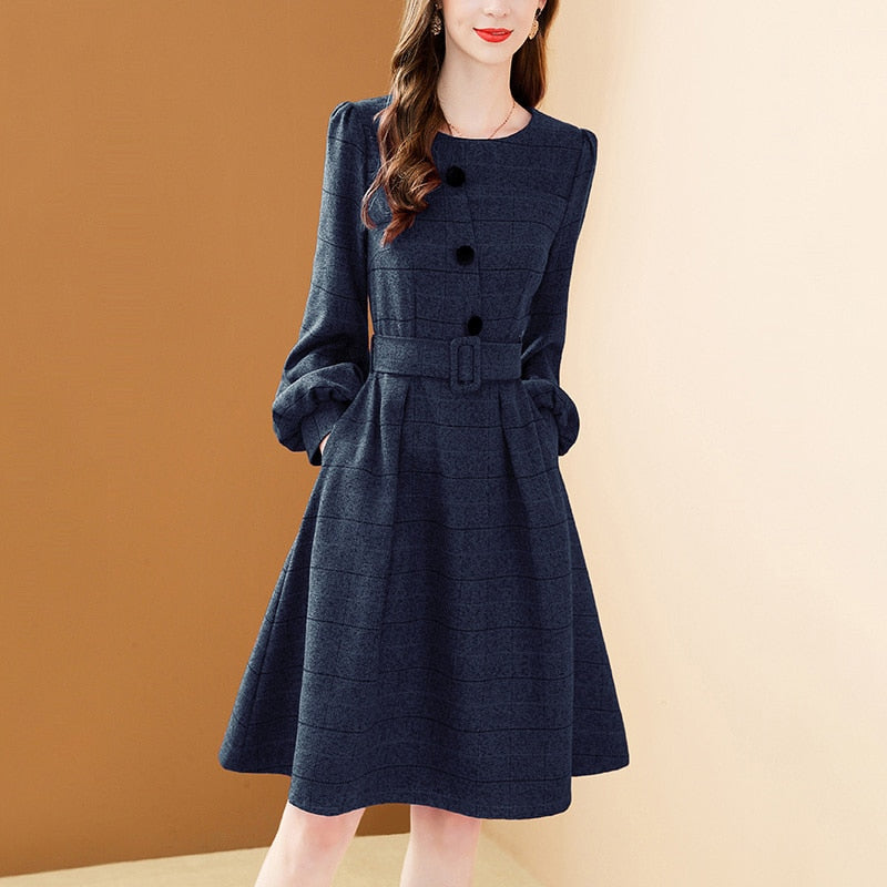 Women's Winter Red Woolen Plaid A-line Lantern Sleeve Dress with Belt (2 Colors)