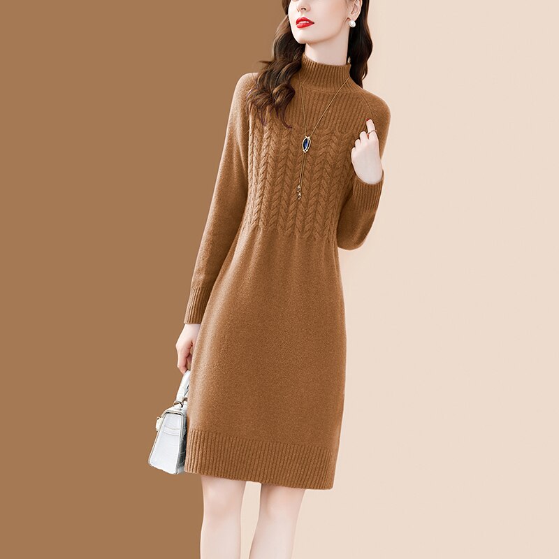 Women's 100% Merino Wool Knit High Collar Slim Purple Elegant Dress (3 Colors)