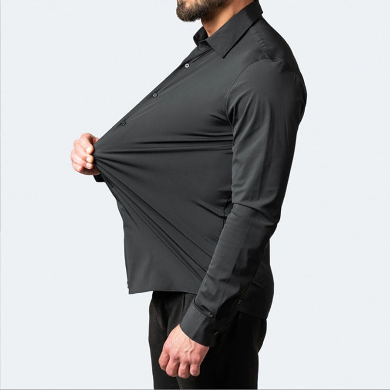 Men's elastic force non-iron long-sleeved business casual mercerized vertical shirt (9 Colors)