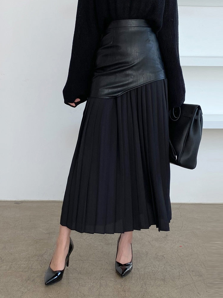 Women's Casual PU Patchwork High Waist Midi Fold Pleated Skirts (2 Colors)