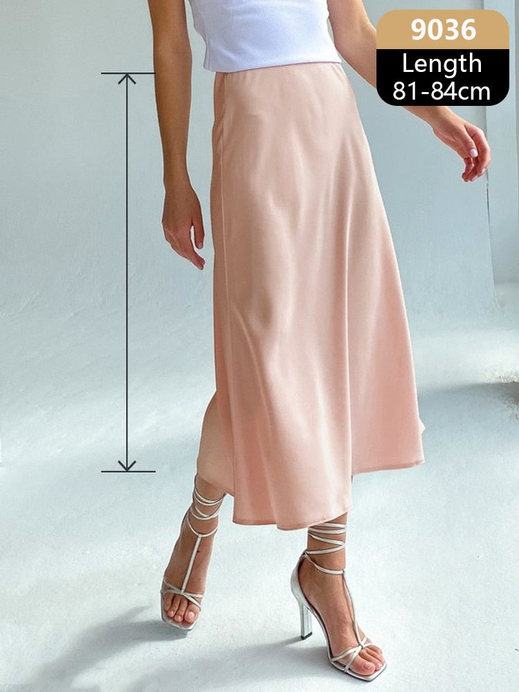 Women's High Waisted Silk Satin A-Line Elegant Midi Skirts (10 Colors)