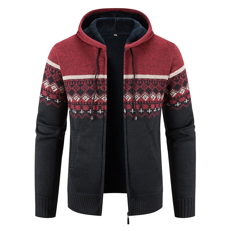 New Winter Fleece Men Sweater Cardigan Hooded Knitted Print Sweatercoat Mens Casual Warm Cardigan Zipper Hooded Cardigan Men