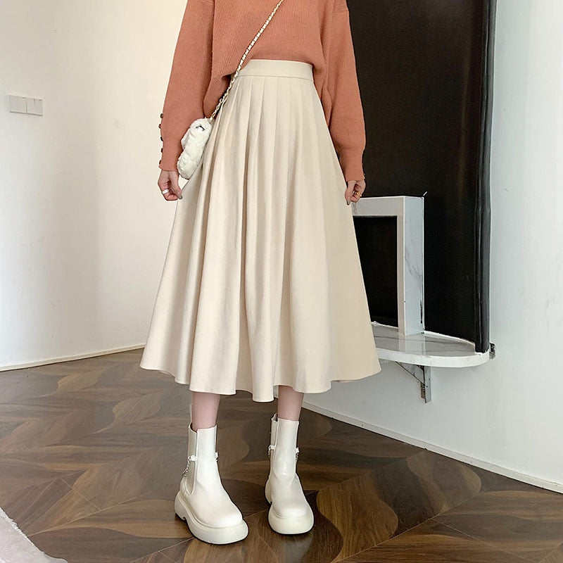 Women's High Waist Pleated College Style Midi Skirt (5 Colors)