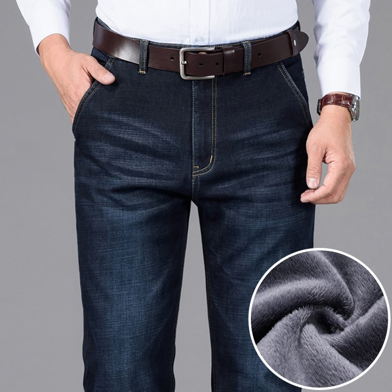 Men's Classic Style Business Stretch Cotton With fleece Lining Jeans (2 Colors)