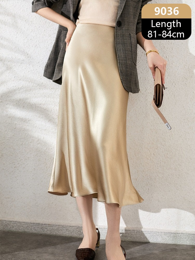 Women's High Waisted Silk Satin A-Line Elegant Midi Skirts (10 Colors)