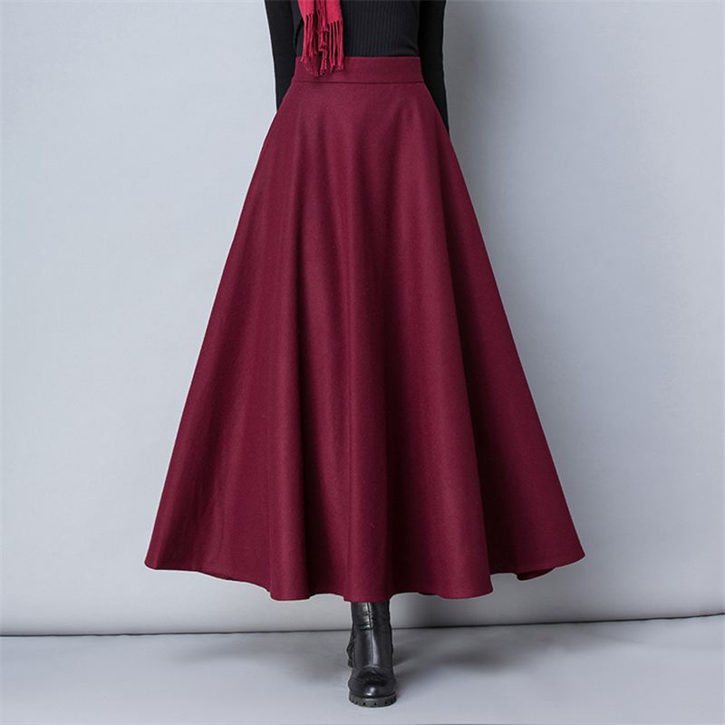 Womens Mid/Long High Waist Basic Wool Elastic A-Line Maxi Skirts (12 Colors)