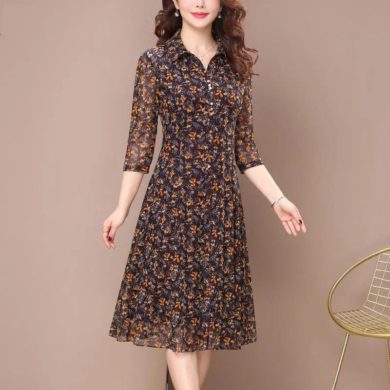 Women's Floral Print Long Sleeve Turndown Collar Casual Button Midi Dress (3 Colors)