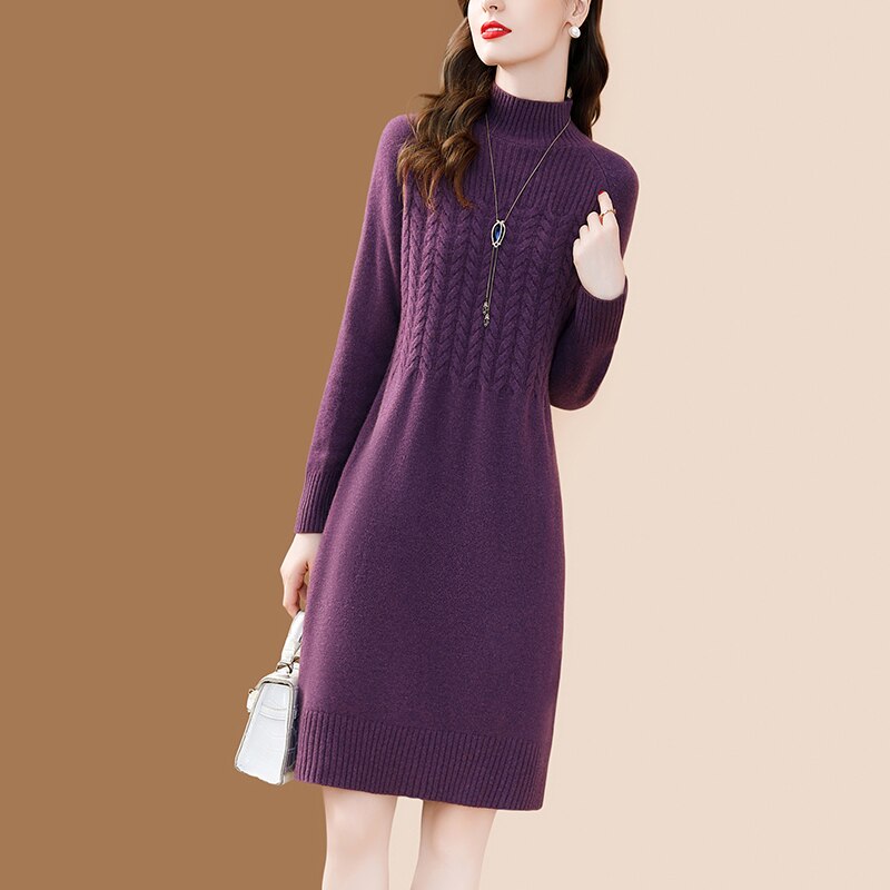 Women's 100% Merino Wool Knit High Collar Slim Purple Elegant Dress (3 Colors)