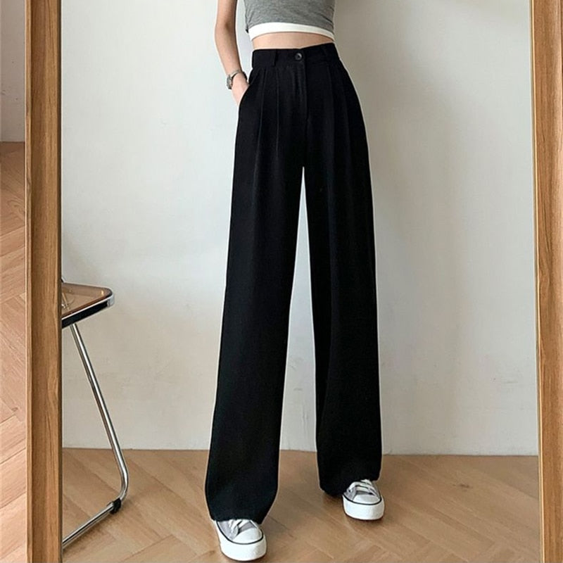 Women's Wide Leg Loose High Waist Korean Style Solid Office Straight Pants (2 Colors)