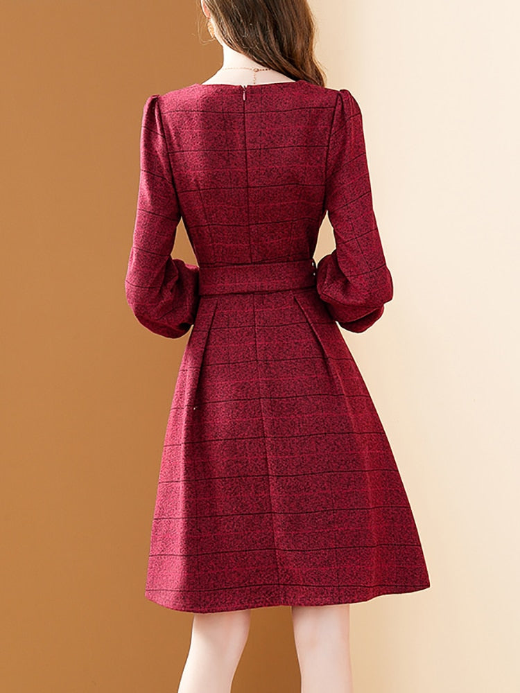 Women's Winter Red Woolen Plaid A-line Lantern Sleeve Dress with Belt (2 Colors)