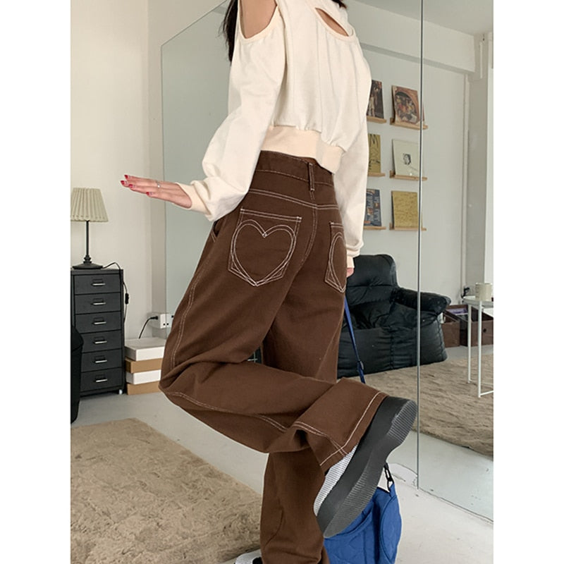 Women's High Waist Straight Baggy Heart Pattern Design Fashion Wide Leg Denim