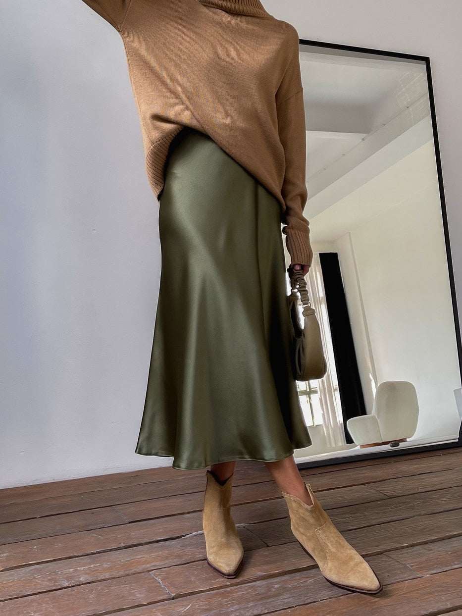 Women's High Waisted Silk Satin A-Line Elegant Midi Skirts (10 Colors)