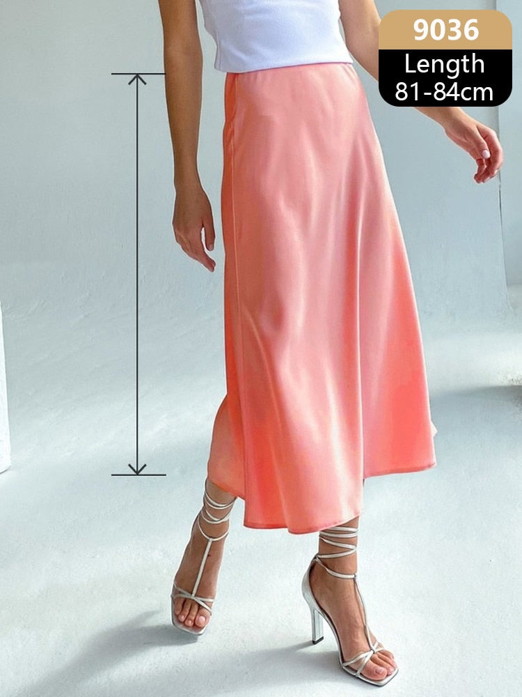 Women's High Waisted Silk Satin A-Line Elegant Midi Skirts (10 Colors)
