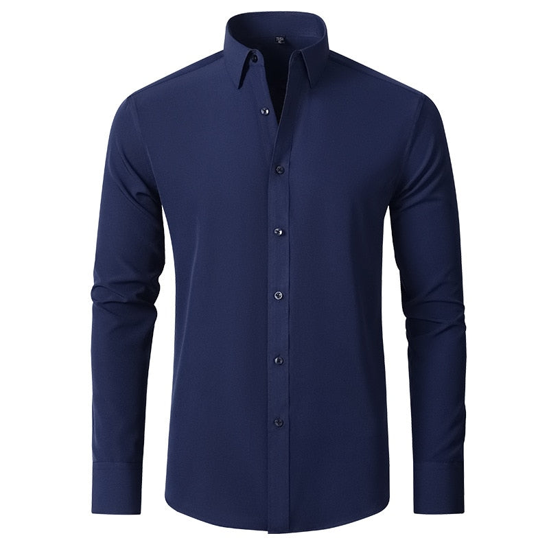 Men's elastic force non-iron long-sleeved business casual mercerized vertical shirt (9 Colors)