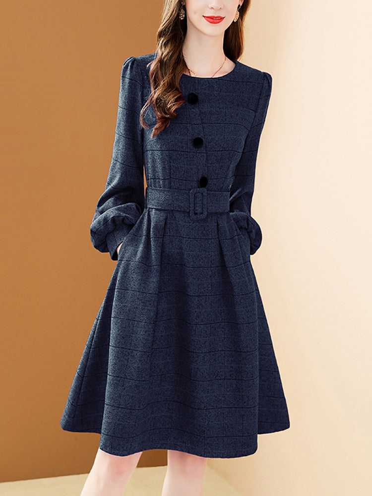 Women's Winter Red Woolen Plaid A-line Lantern Sleeve Dress with Belt (2 Colors)