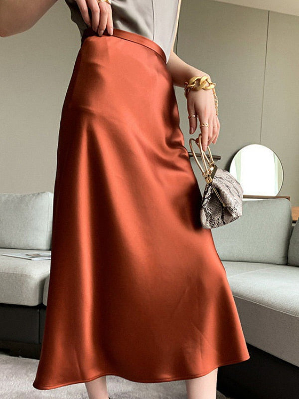 Women's High Waisted Silk Satin A-Line Elegant Midi Skirts (10 Colors)
