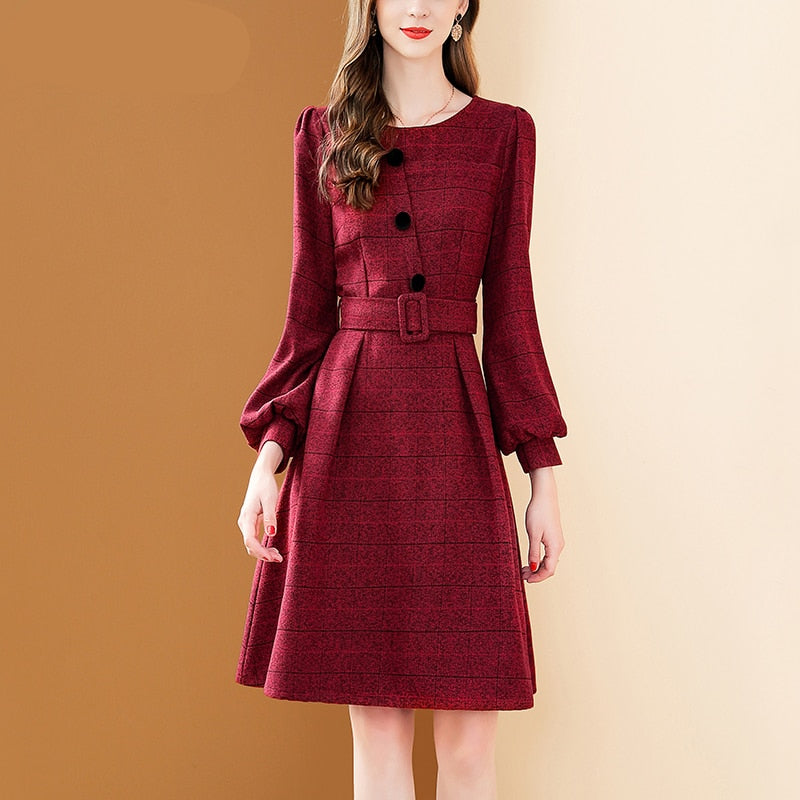 Women's Winter Red Woolen Plaid A-line Lantern Sleeve Dress with Belt (2 Colors)
