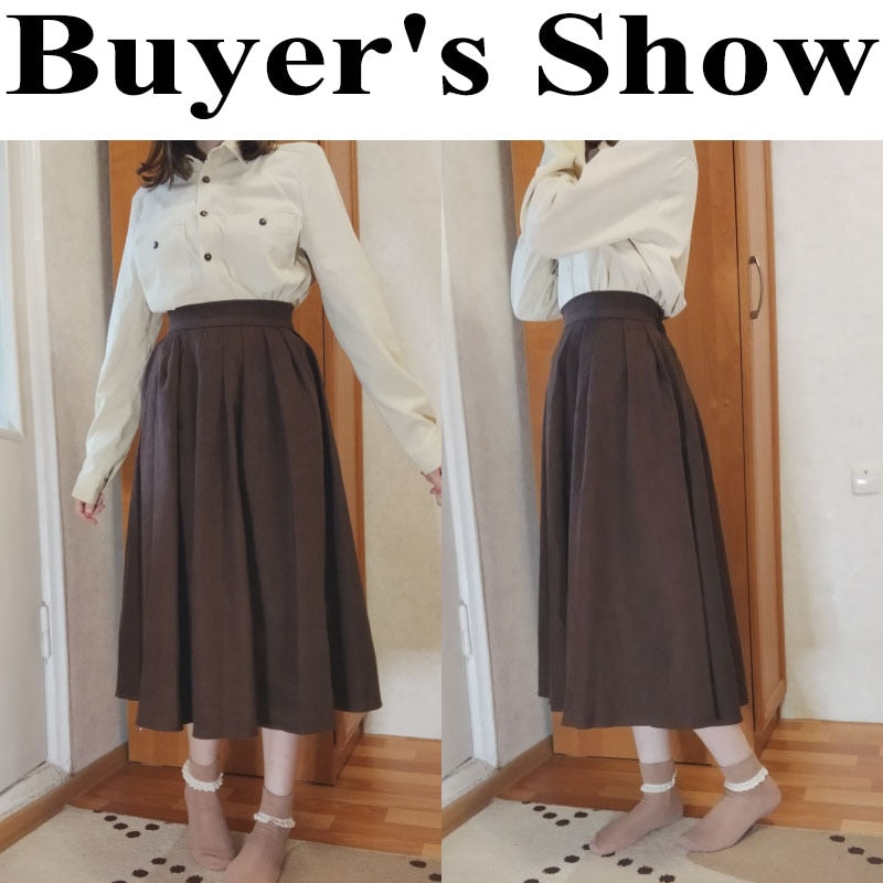 Women's High Waist Pleated College Style Midi Skirt (5 Colors)