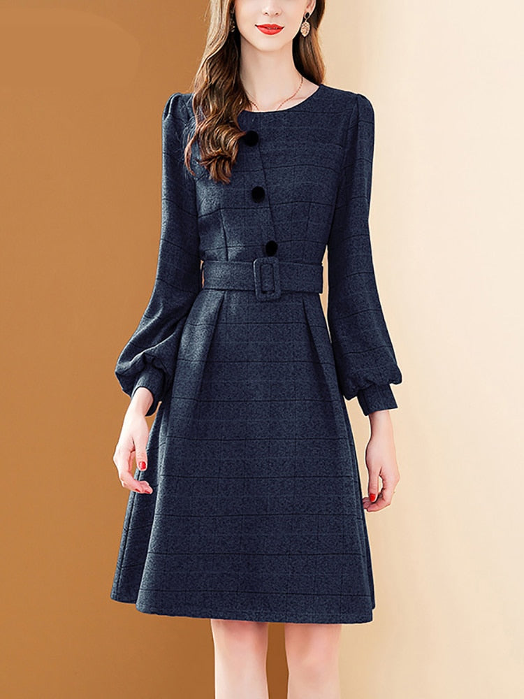 Women's Winter Red Woolen Plaid A-line Lantern Sleeve Dress with Belt (2 Colors)